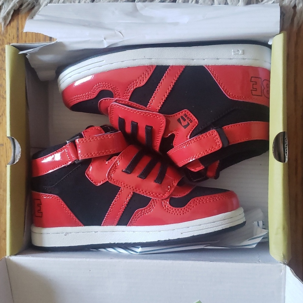 Globe Superfly kids size 13 red and black velcro hightops NIB